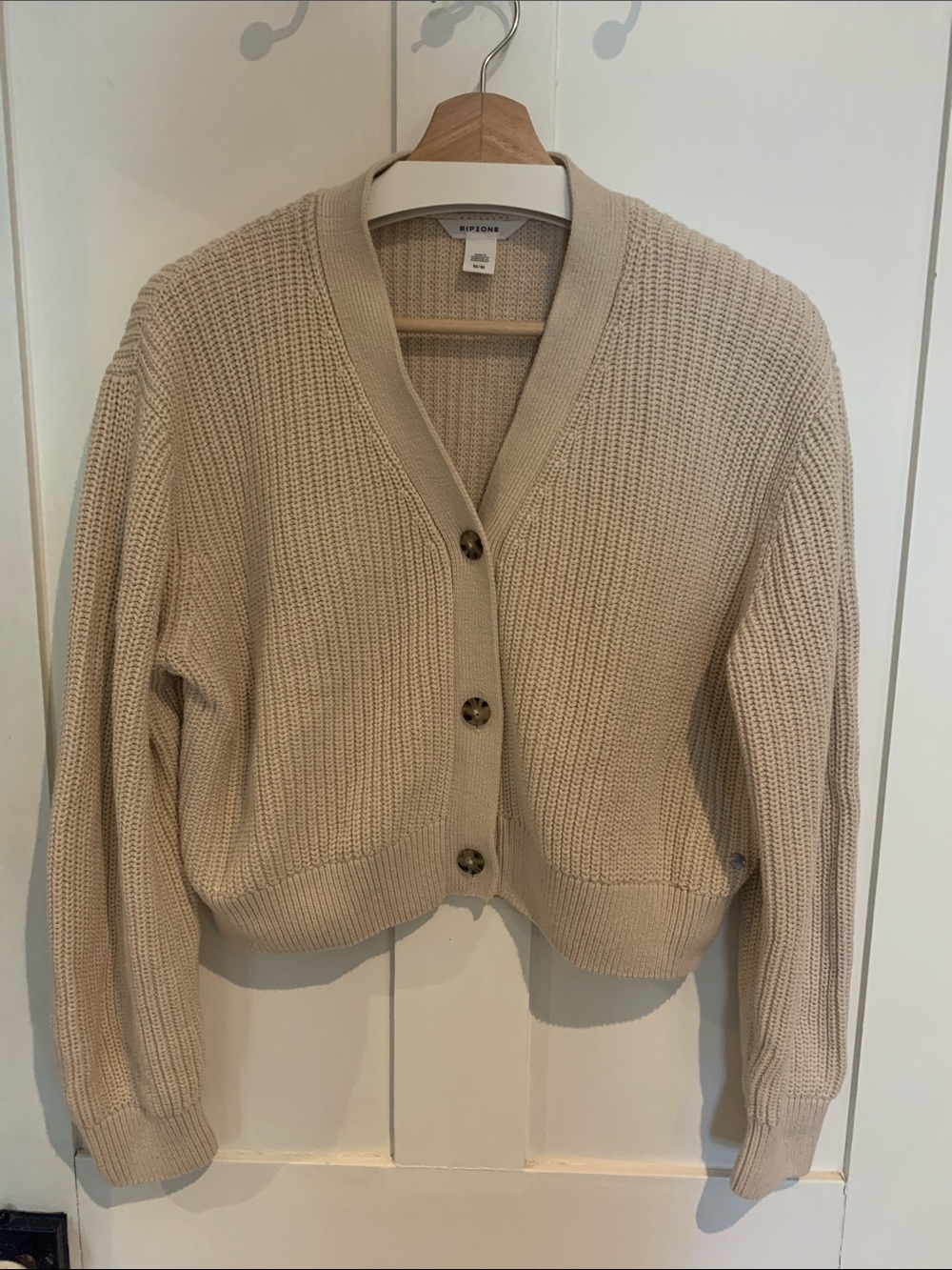 Ribbed V-Neck Cropped Cardigan in Beige